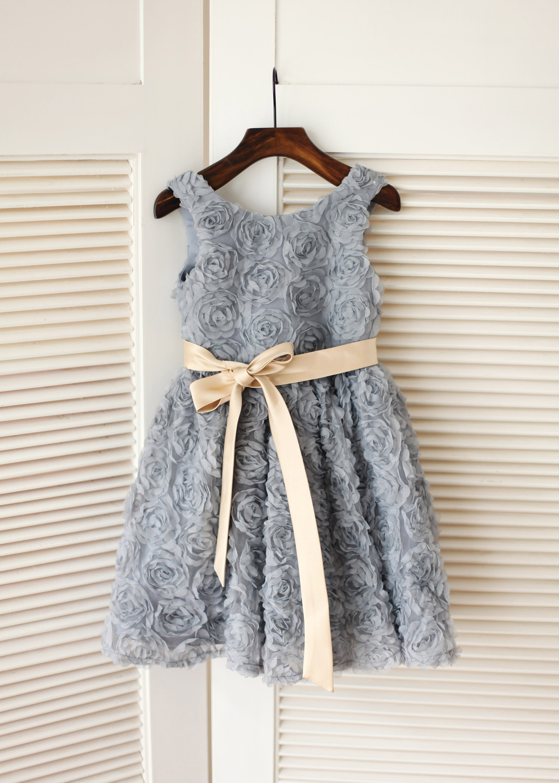 Gray Rosette Champagne Sash Knee Length Flower Girl Dress